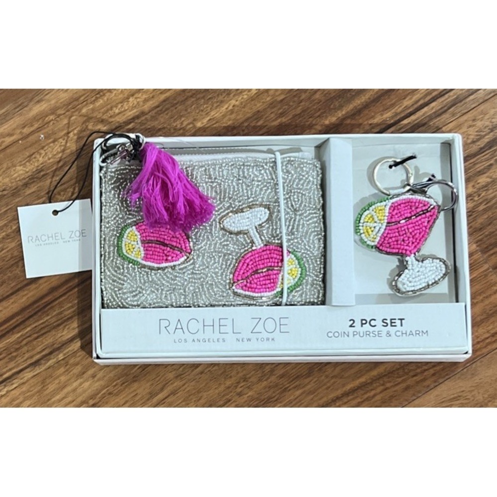New$40 Rachel Zoe Pink Margarita Silver Beaded Zippered Coin Pouch And Charm Set